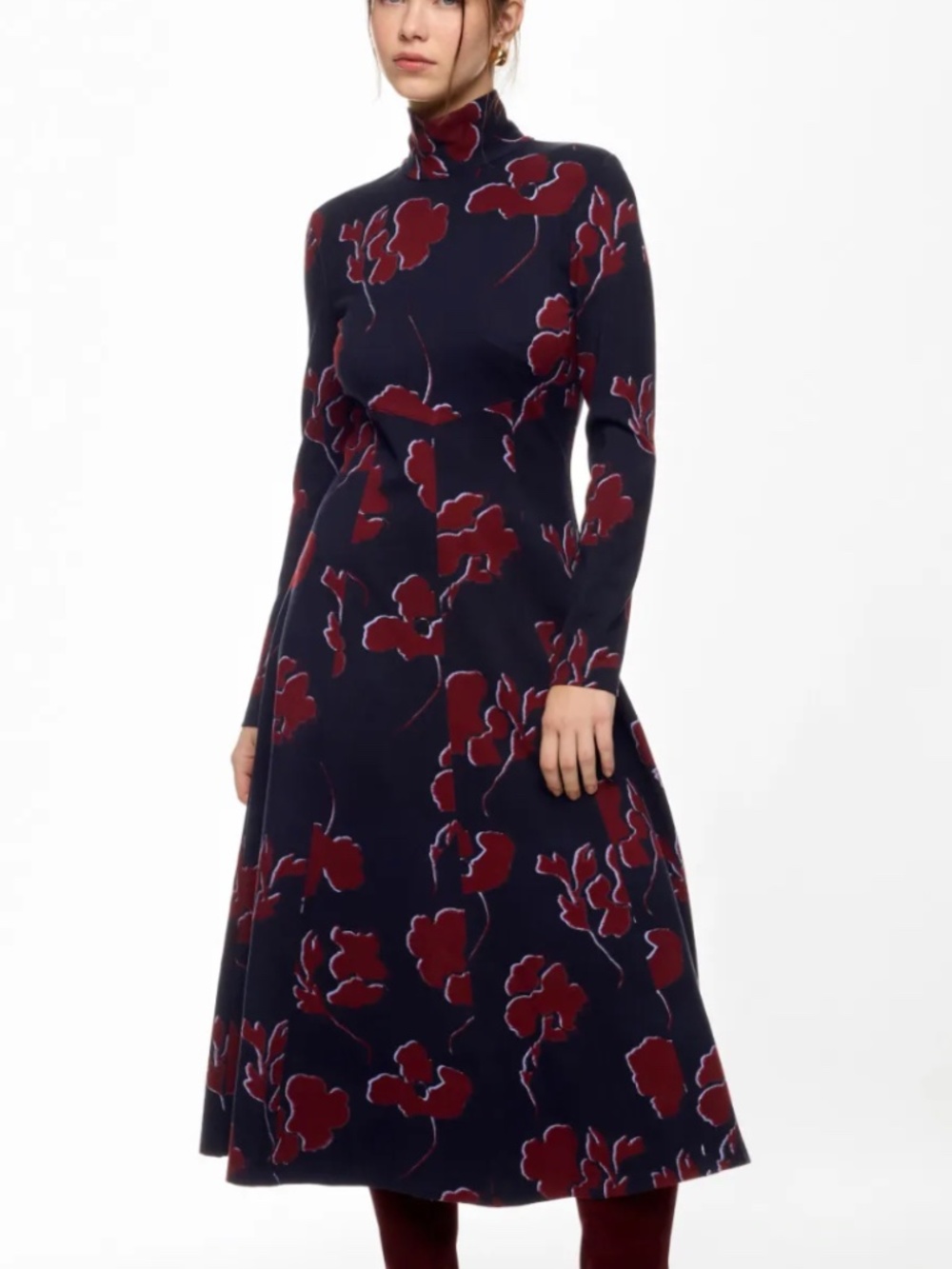 Tanya Taylor Dark Floral Thea Dress Long Sleeve Navy Red
